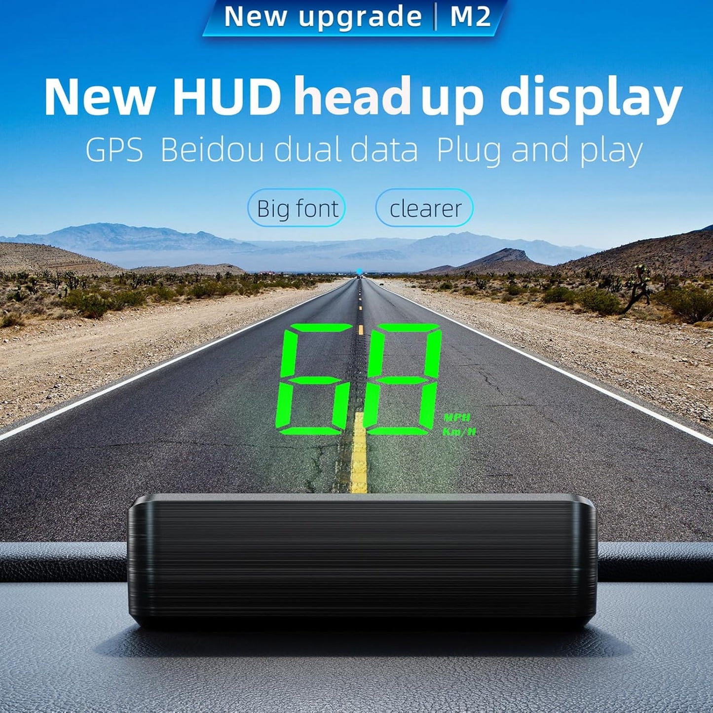 Head Up Display M2, HUD Projection Display Speed, Compact Body, Large Font, Plug and Play, Suitable for All Vehicles
