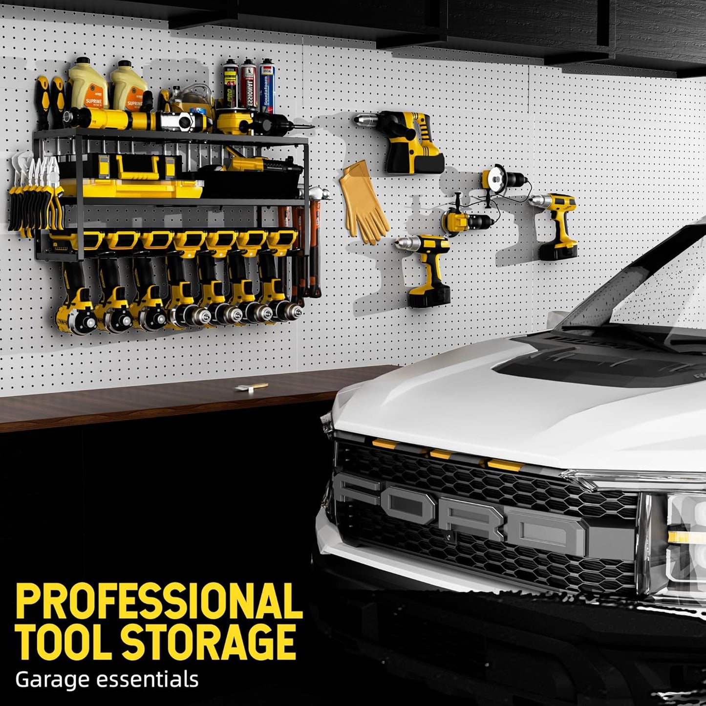 Power Tool Organizer-7 Drill Holder Wall Mount, Garage Organization Storage, 3 Layer Heavy Duty Metal Power Tool Rack,Garage Tool Organizer with Screwdriver Plier Hammer Holder, Men Dad Gifts