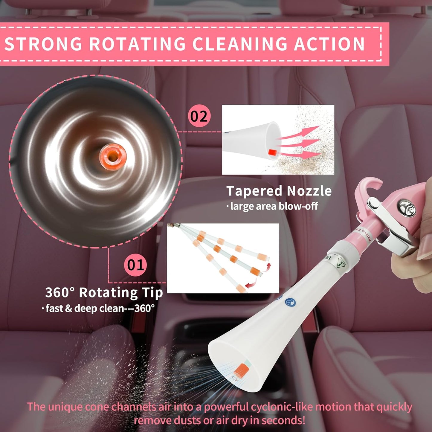 Tornado Dry Cleaning Gun Detailing Interior Dryer Air Blow Gun High Pressure Blower Gun for Women Car Detailing Kit Interior Cleaner Works with Air Compressor and Quickly Removes Surface Dirt Pink