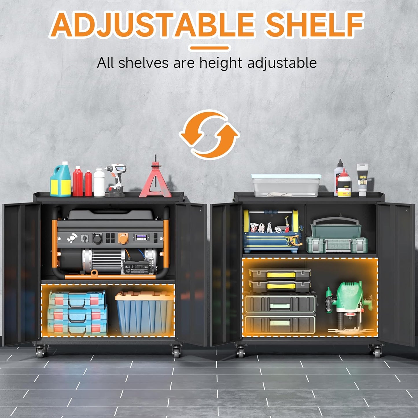 34" Metal Garage Storage Cabinet with Wheels, Adjustable Rolling Tool Storage Cabinet with Lock, Steel Locking Tool Cabinet with Doors and Shelves for Garage, Warehouse（Black）