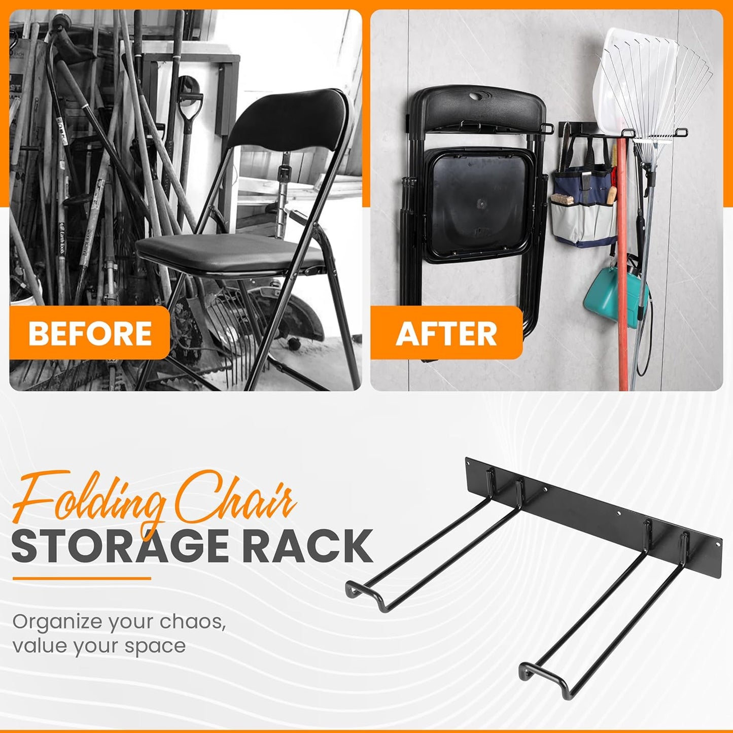 Heavy Duty Folding Chair & Tool Rack – Wall Mount Organizer for Garage, Garden, Beach & Camping – 2 Pack, 250 lbs Capacity Each
