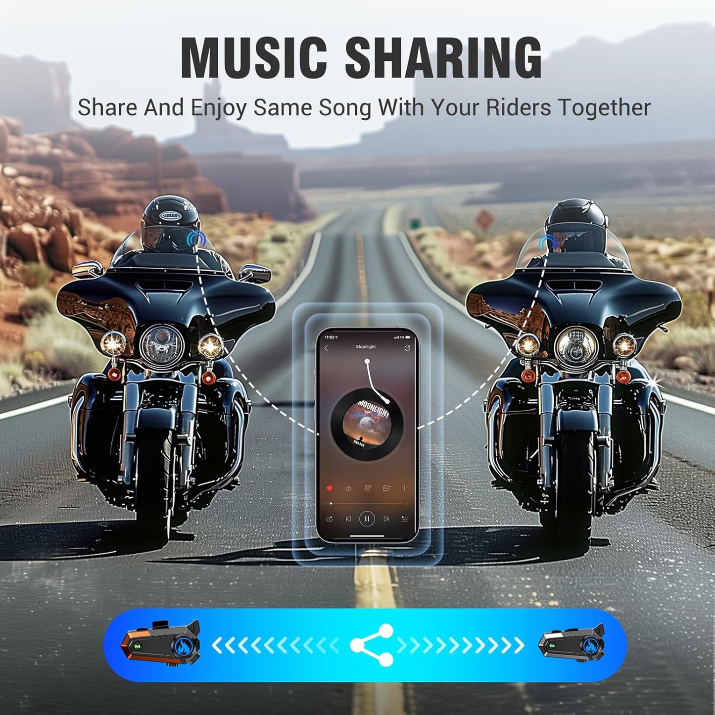 Motorcycle Helmet Bluetooth Headset, Bluetooth Motorcycle Helmet with 2 Type Mics, Intercom/Hands-Free Call/Music/Waterproof/Noise Cancellation/Wake Up Siri, Compatible with All Helmets