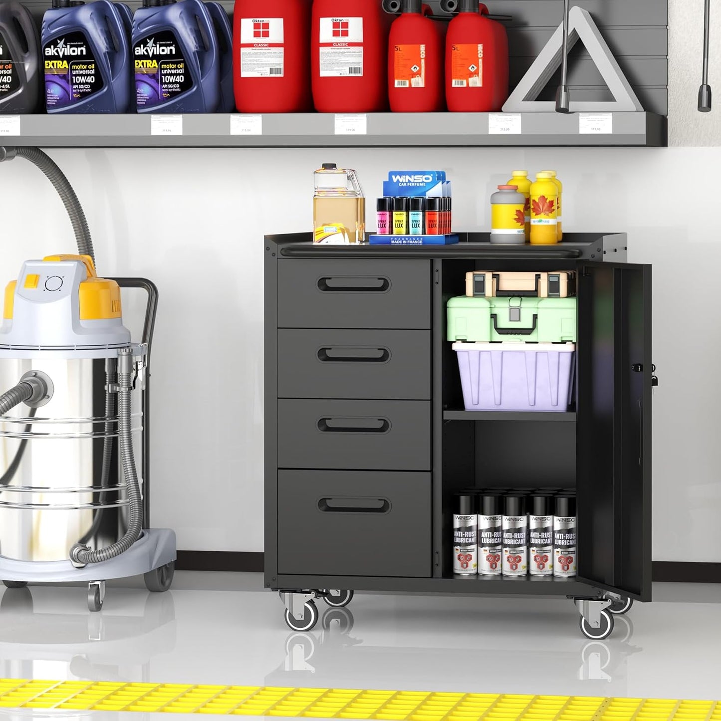 Metal Storage Cabinet with Wheels, Garage Cabinet with 1 Door and 4 Drawers, Rolling Tool Storage, Assembly Required, Black