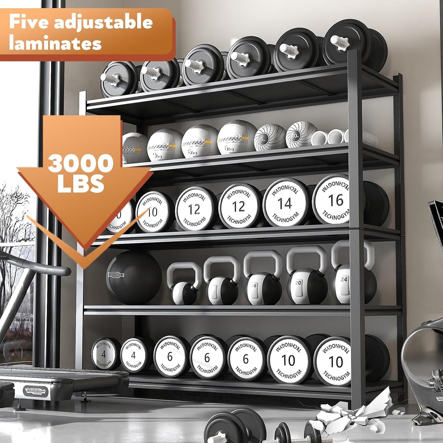 48.2" W Garage Shelving 3000LBS Storage Shelves Heavy Duty Garage Storage Shelves Adjustable 5 Tier Metal Shelves for Storage Industrial Heavy Duty Shelving Utility Shelf 24.2"Dx48.2"Wx 72.2"H