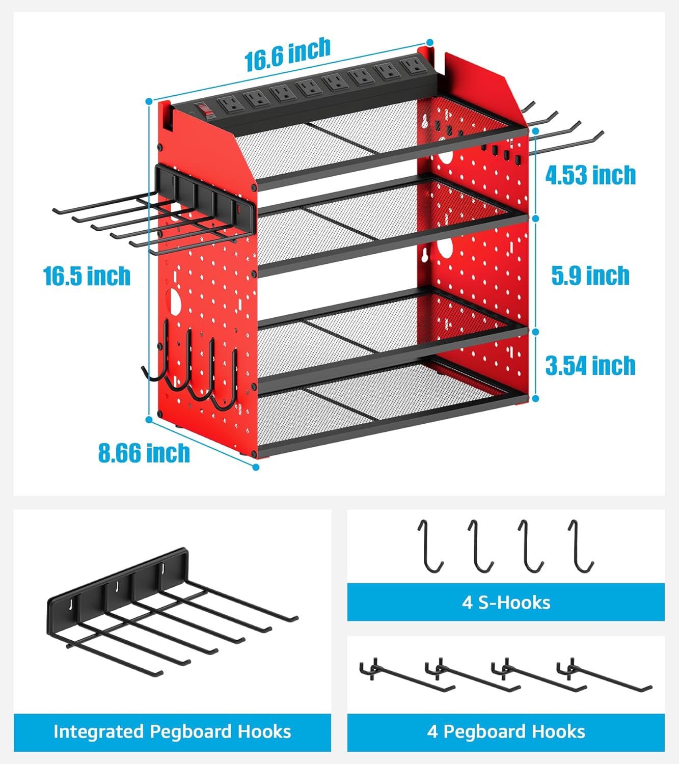 CCCEI Modular Desk Power Tools Organizer with Charging Station, 4 Layer Drills Battery Storage Wall Mount, Garage Shop Organization, Anniversary, Birthday, Gifts for Men, Father, Red, 10FT Cord.