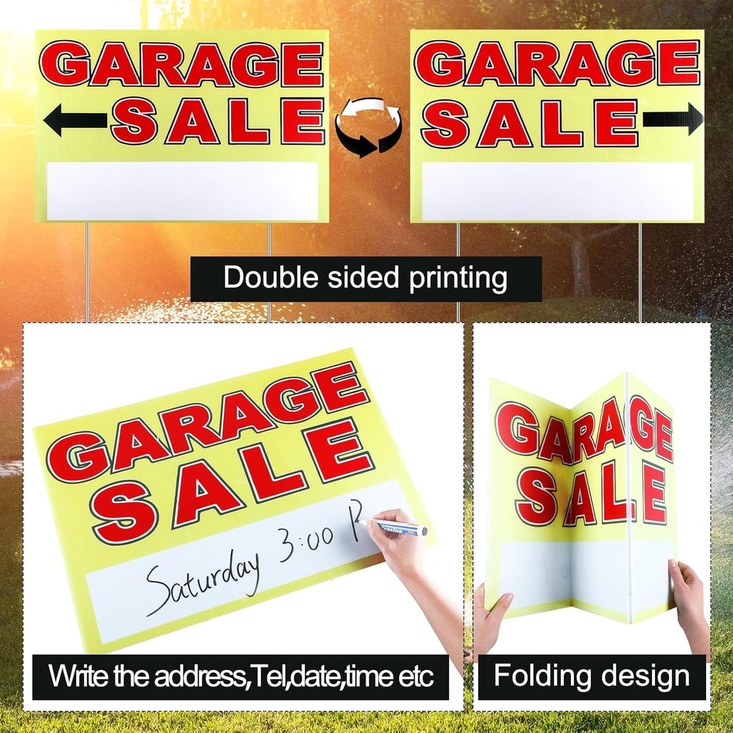 Marsui 3 Pcs Garage Sale Sign 23.6 x 15.7 Inch Double Sided Garage Sale Sign with Stakes Blank Corrugated Plastic Yard Signs with Directional Arrow and Metal Stake