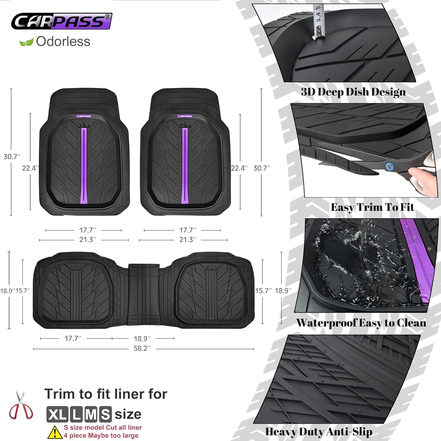 CAR PASS Tire Tread DeepDish Rubber Floor Mats for car Heavy Duty car mats All Weather, Universal XL~M Trim to Fit for Truck SUV Vehicle Automotive, Waterproof car mats 3 Piece (Purple Black)