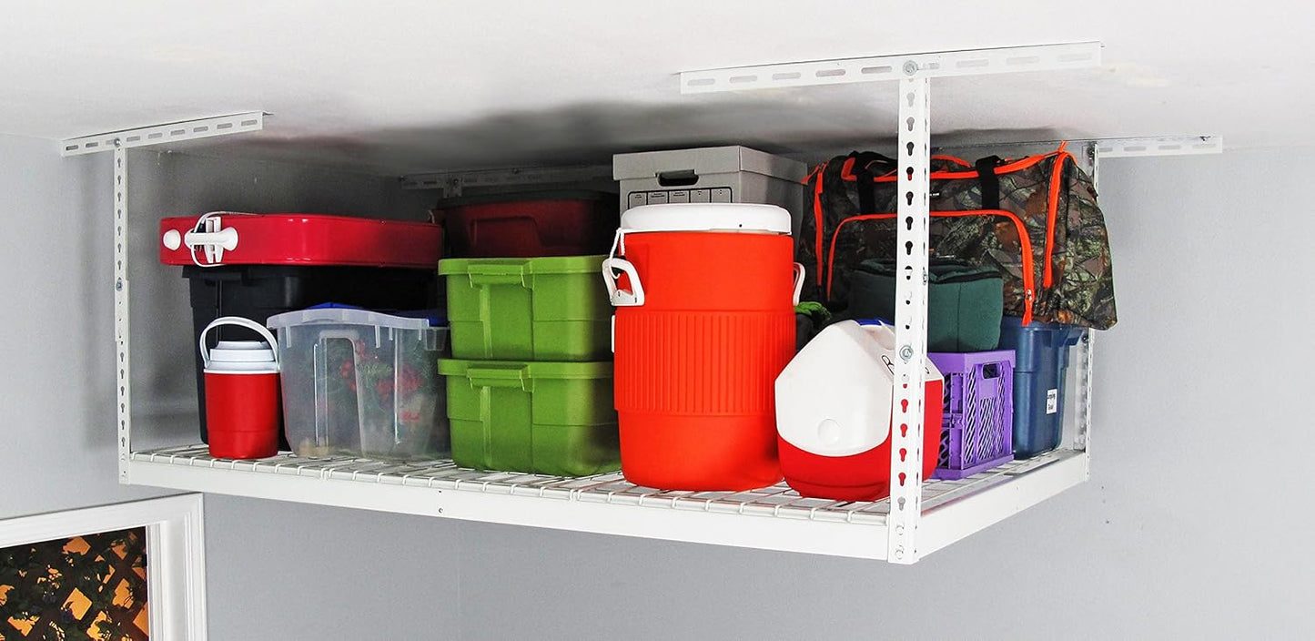 MonsterRax Overhead Garage Storage Racks 4x6, Ceiling Mounted Shelving, Adjustable Hanging Storage Organizer, Heavy Duty Steel, Holds 500 Pounds, Color: White, Adjusts 24"-45” off Ceiling