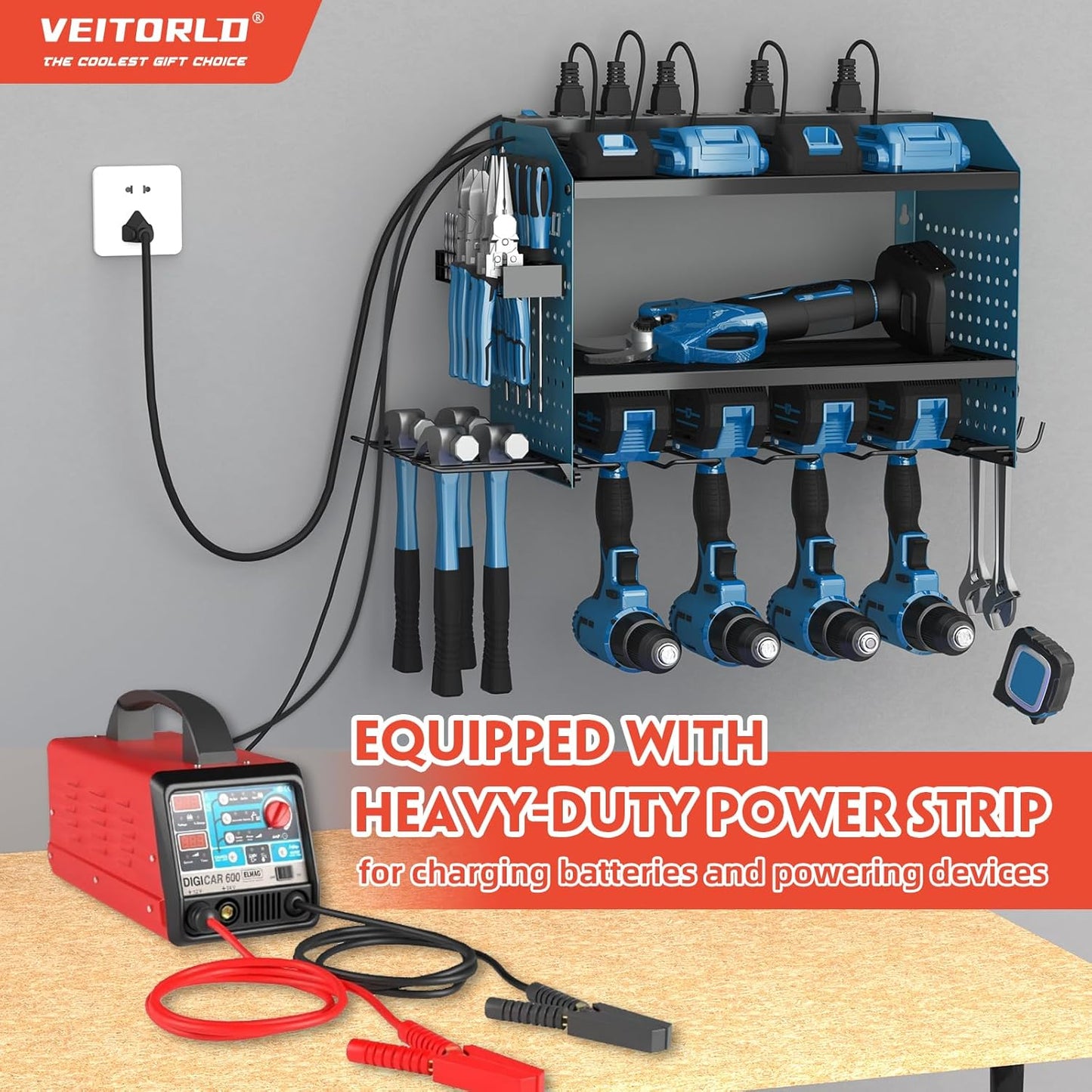Veitorld Power Tool Organizer with Power Strip, 4 Drill Holders Tool Storage, Heavy Duty Rack for Garage Organization, Wall Mount Tool Organizer, Christmas Anniversary Birthday Gifts for Men Dad Him
