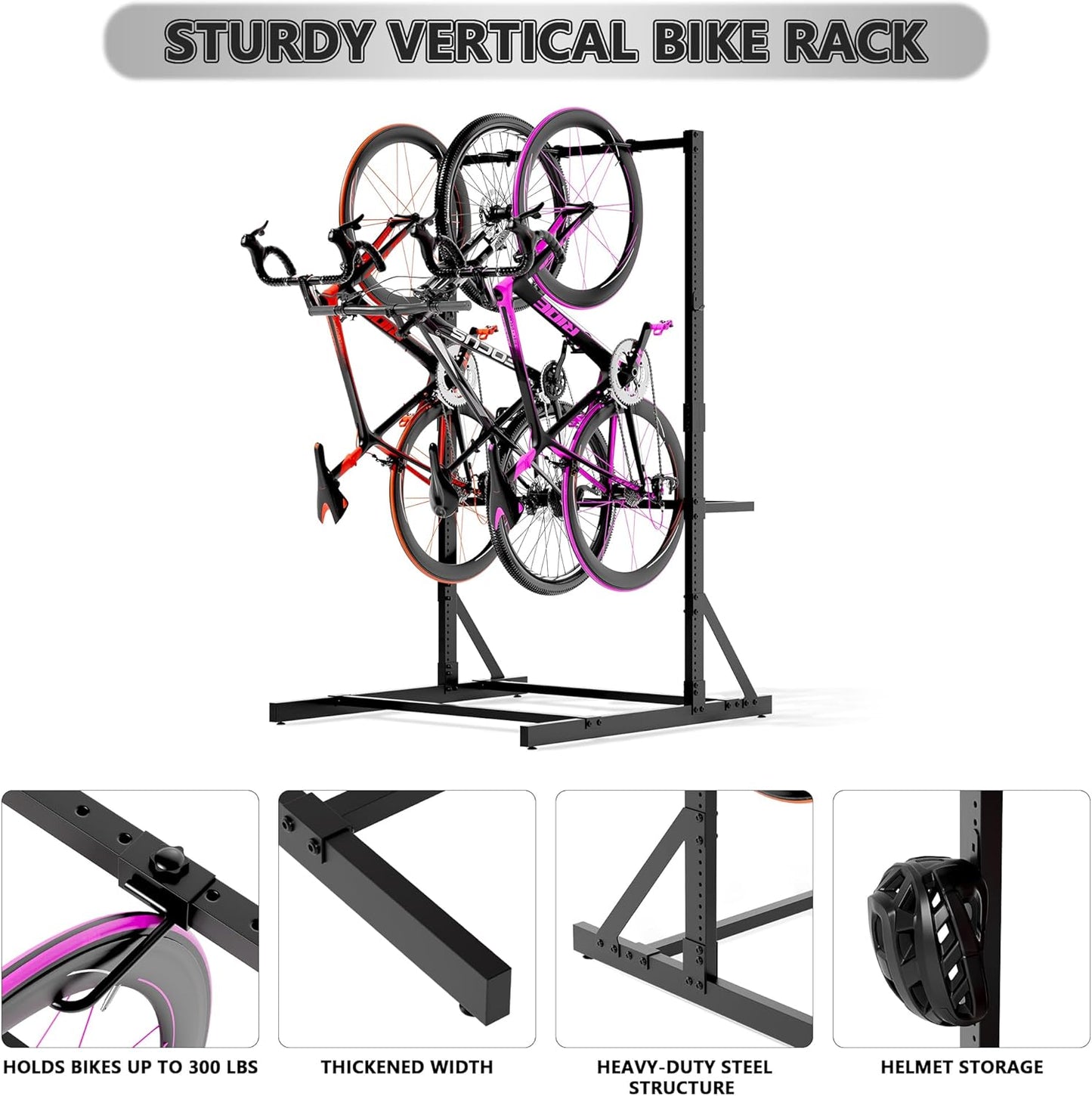 Freestanding Bike Rack for Garage Stroage, 300 Lbs 5 Bikes Storage Rack Steel Vertical Bicycle Rack W/Hooks & Helmet Hooks, Floor Stand Bike Racks for Home and Garage Organizer (4-Bike Rack)