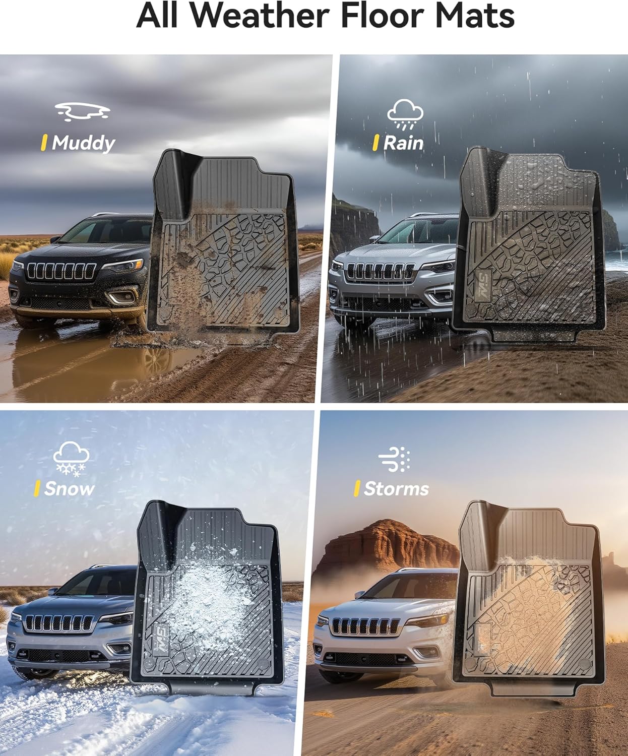 3W Floor Mats Fit for Jeep Cherokee 2015-2023 TPE Floor Liner 1st and 2nd Row Full Set Car Mats, Black (NOT for Grand Cherokee)