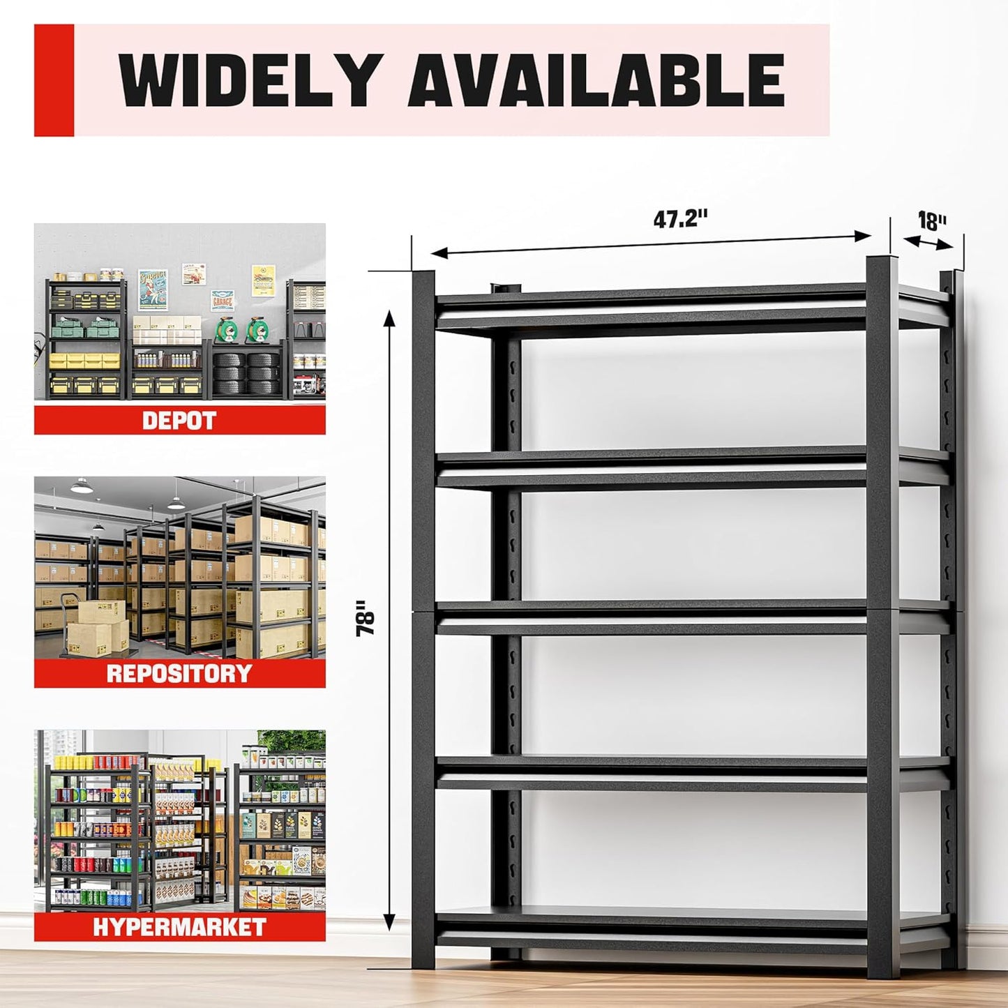 Utility Shelf Organizer – 5 Shelf Heavy Duty Shelving Unit for Garage, Workshop, and Home Storage, Sturdy Metal Rack Shelf for Maximum Durability and Organization 18" D x48 W x78 H（3 pcs）