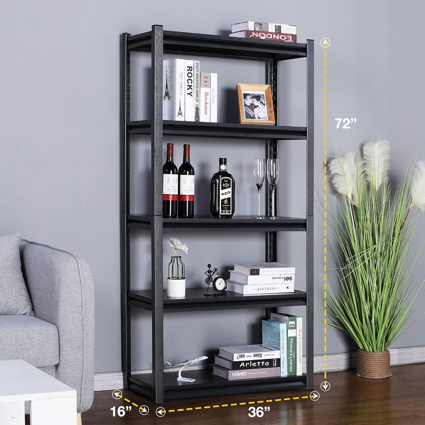 Rigma 5 Tier Garage Shelf, Heavy Duty Steel Shelving Unit, Adjustable Metal Multi-use Storage Rack, Shelves for Garage, Basement, and Industrial Warehouse Or Office (36" W X 16" D X 72" H 5-Tier)