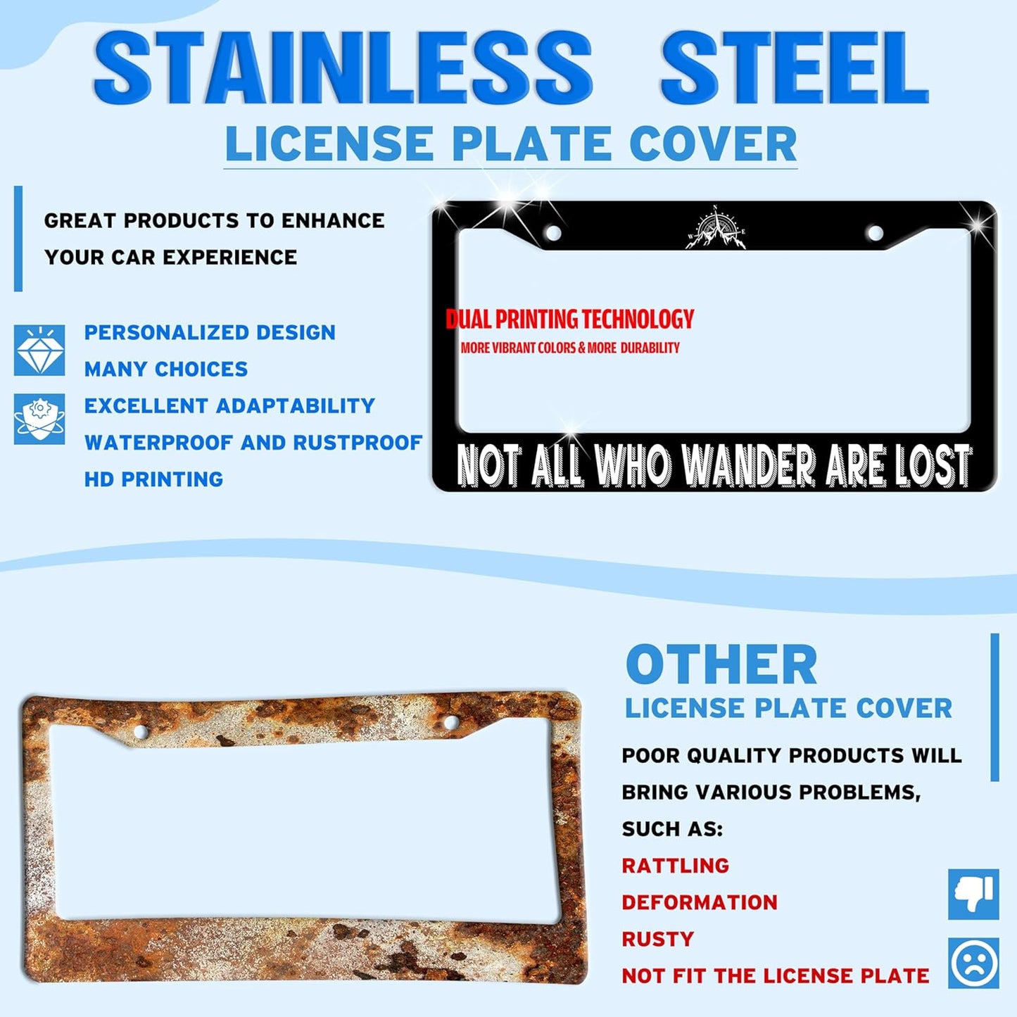 Not All Who Wander are Lost License Plate Frame Mountain Compass Stainless Steel License Plate Holder for Front or Rear Car Tags Funny for Car Decoration with Screws 6.3 X 12.2 in for Women Men