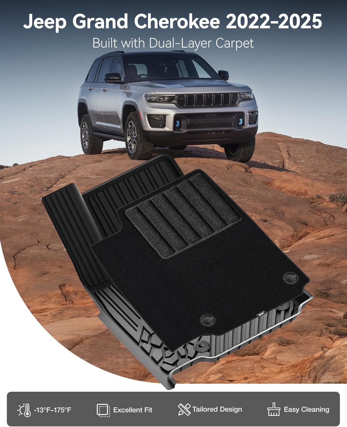3W Floor Mats & Cargo Liner Fit 2022-2025 Jeep Grand Cherokee(Non L or WK) Carpets for 1st Rows Black Mats Custom Fit for Grand Cherokee, 6PCS