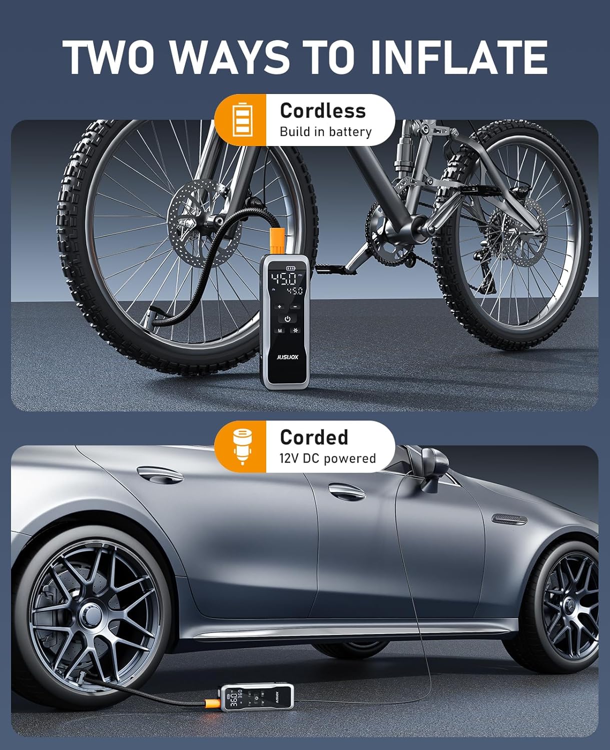 Tire Inflator Portable Air Compressor, Air Pump for Car Tires 150PSI Cordless with Battery and 12V DC, Electric Bike Pump with Pressure Gauge, Auto Shutoff, for Ball, Motorcycle Accessories