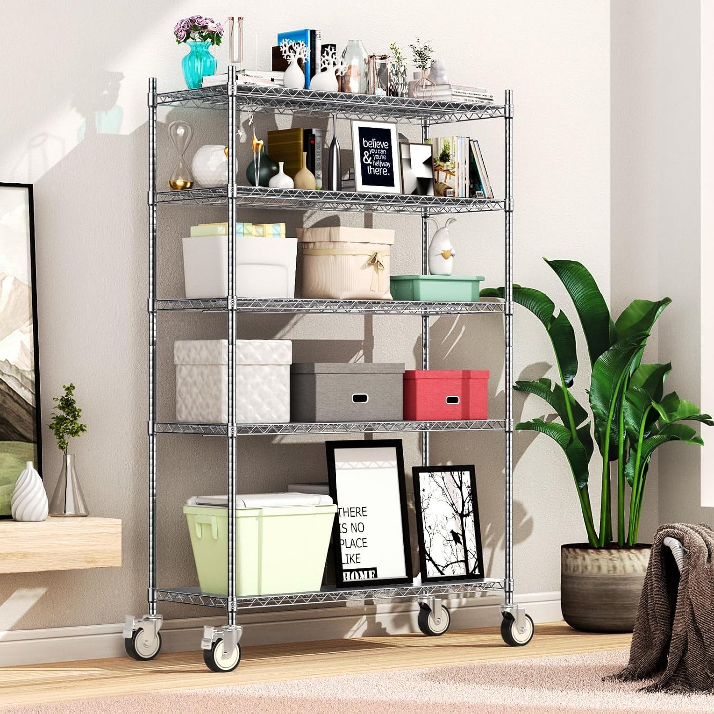 Wire Shelving with Wheels, 48x18x72 Inch, 3000 Lbs Storage Shelves Heavy Duty, Commercial-Grade Adjustable Utility Shelf, NSF-Certified Metal Storage Rack with Shelf Liners, 5-Tier, Chrome