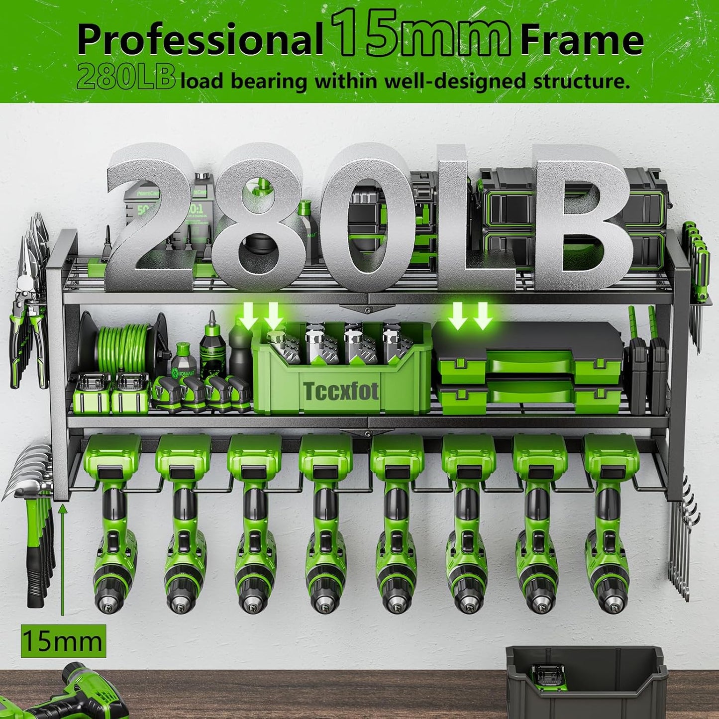 Power Tool Organizer - 3 Layer 8 Drill Holder Wall Mount, Storage Rack for Garage Organization, Large Tool Shelf, Gifts for Him Men Dad Husband Anniversary Fathers Day, Cool Gadget Stocking Stuffer