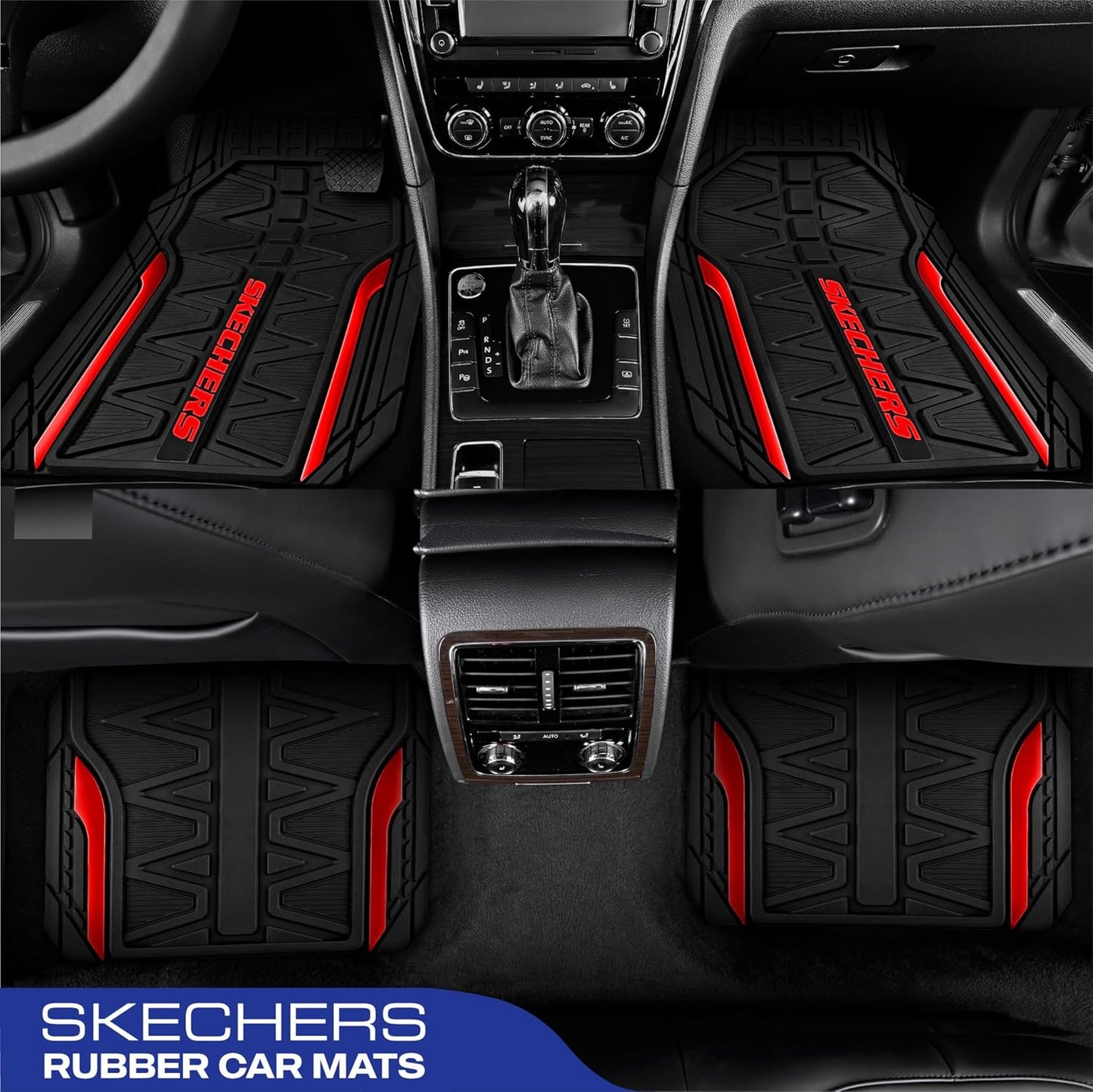 Skechers Car Floor Mats,Heavy Duty Rubber Car Mats Full Set,All Weather Floor Mats,Waterproof Trim to Fit Universal Floor Liner Car Accessories,Automotive Floor Mats for Cars Trucks SUV,Red
