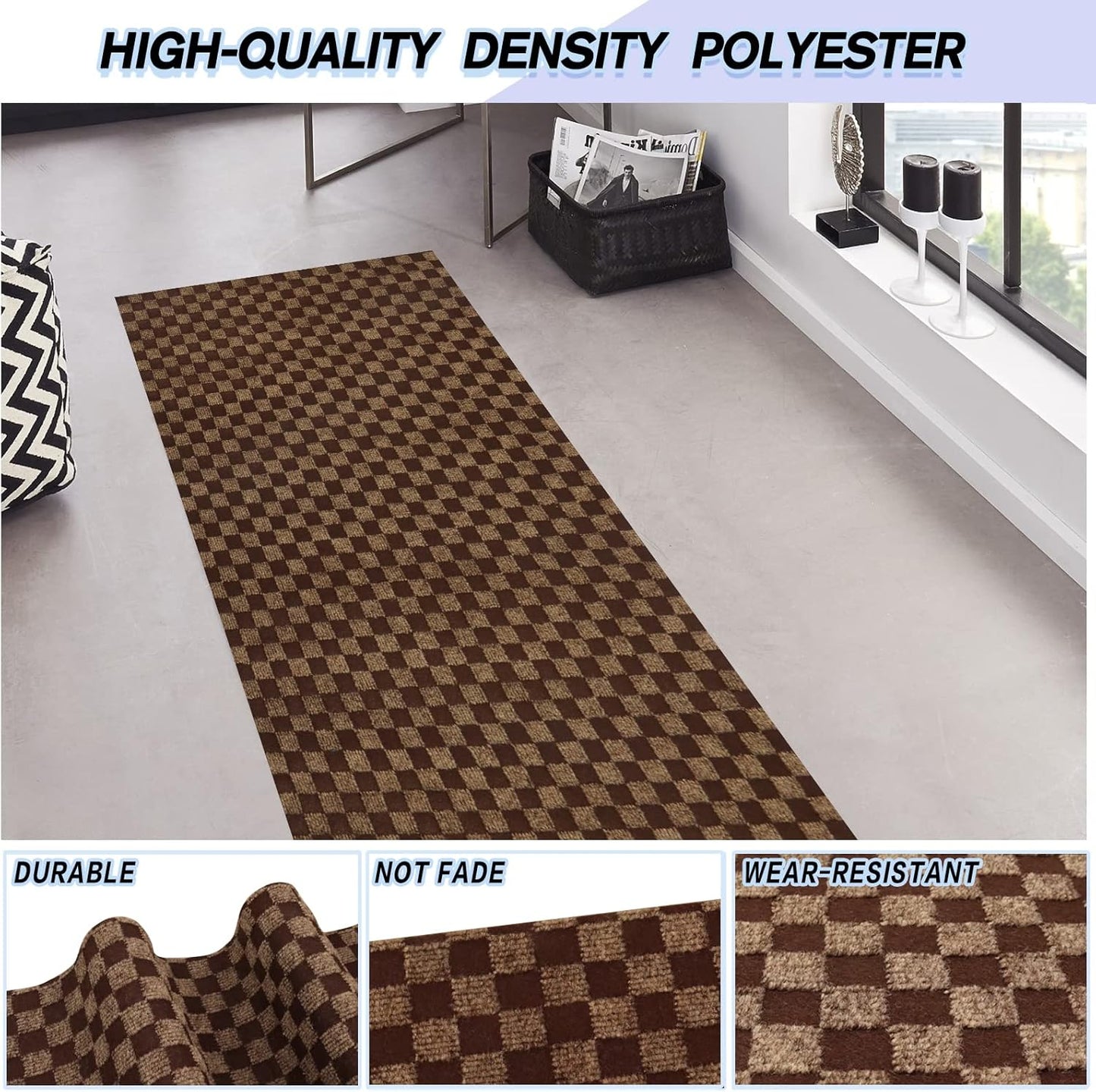 Custom Size Backed Non-Slip Area Rugs Runner, Easy Clean, Waterproof Runner Rugs for Hallway Entryway, Kitchen, Laundry, 2FT x 12FT, Brown Checkered