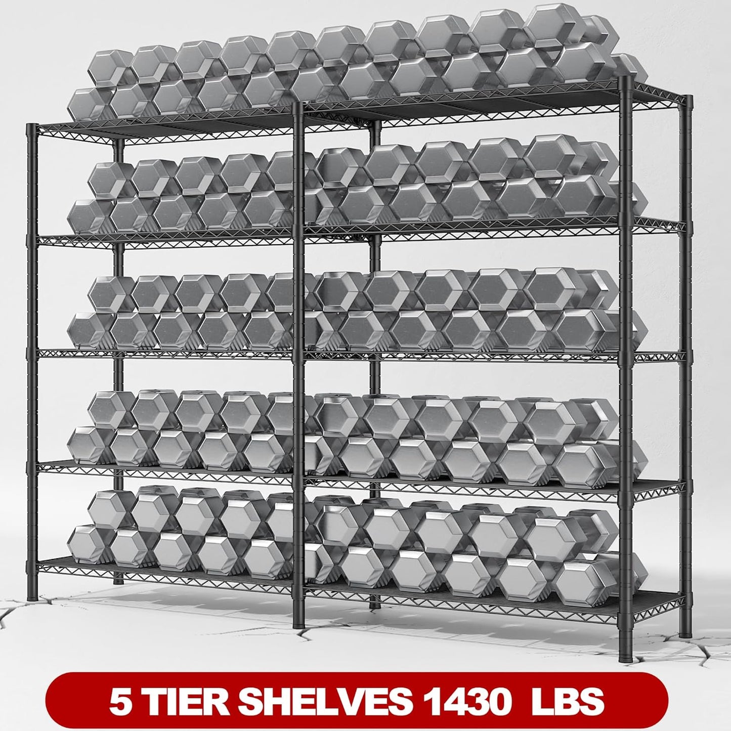 REIBII 5 Tier Wire Shelving Storage Shelves Loads 1430LBS, 58" W Metal Shelving Unit for Storage Adjustable Heavy Duty Garage Shelving Pantry Shelves Kitchen Shelving, Black, 2 Pack