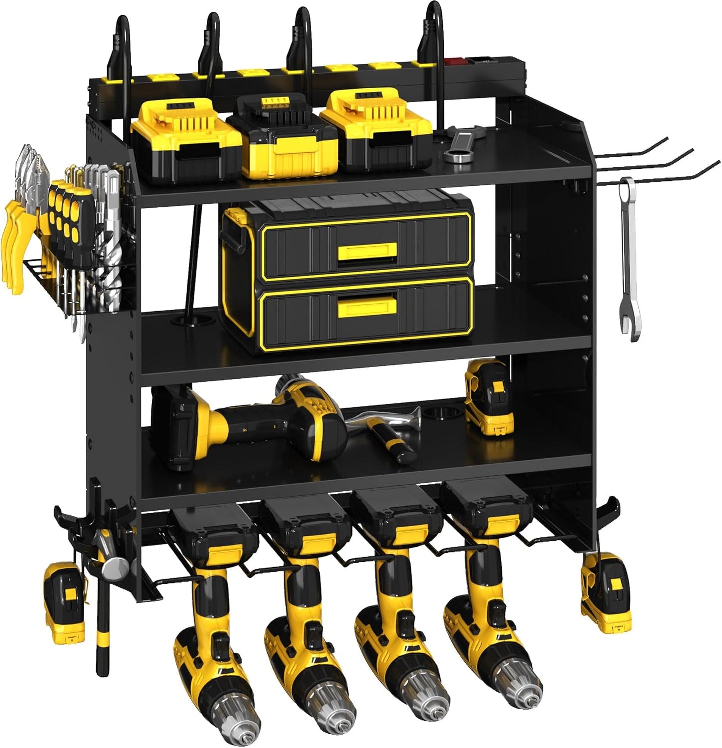 4-Layer Wall-Mounted Power Tool Organizer Rack,Heavy Duty Adjustable Shelves Organizer for Cordless Power Tool Batteries,Space-Saving Garage & Workshop Charging Station 8 Outlets Power Strip