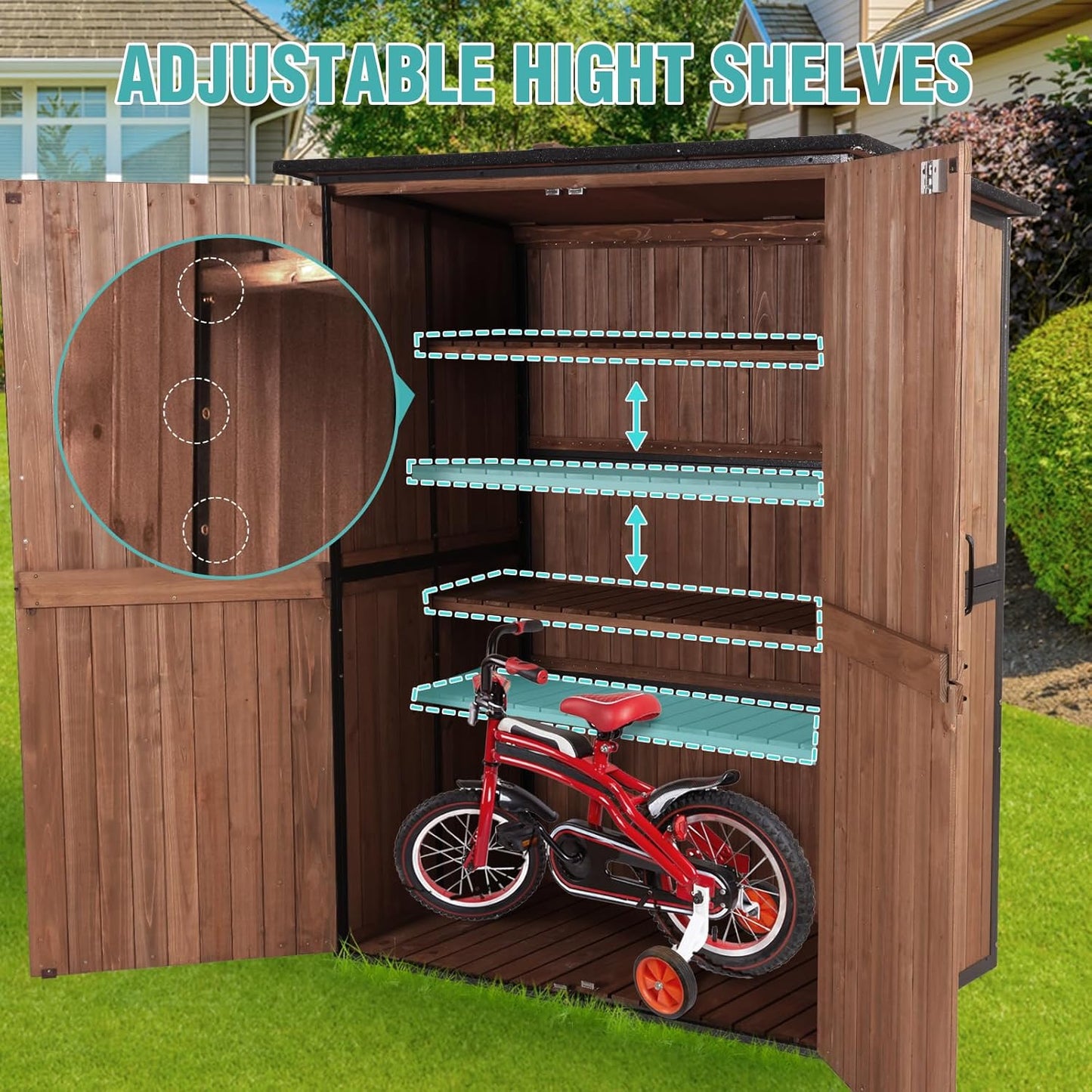 Outdoor Storage Cabinet with Adjustable Shelves, Large Metal Frame Garden Shed for Bike & Tool Storage, Lockable Waterproof Vertical Cabinet Box for Backyard, Patio, Lawn, Deck