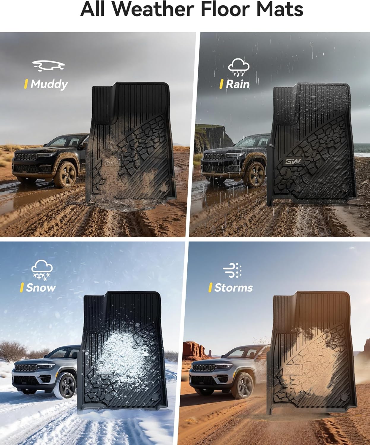 3W Floor Mats Fit for 2022-2025 Jeep Grand Cherokee (Non L or WK) TPE All Weather Custom Fit Floor Liner 1st and 2nd Row Full Set Car Mats, Black