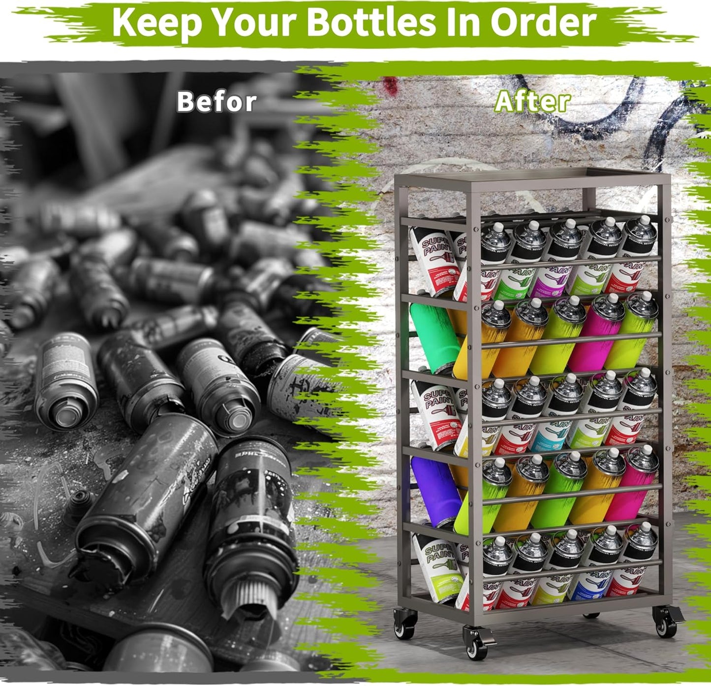 50 Spray Paint Storage Holder, Rolling Spray Can Storage Rack, Heavy Duty Paint Aerosol Can Organizer, Lube Can Holder Cart, Lube Bottle Organizer Rack for Garage,Shop, Craft Workroom