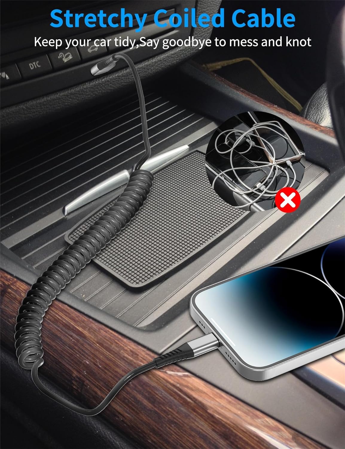 Coiled Lightning Cable for Car, 2Pack Retractable iPhone Charger Cable Fast Charging, [MFi Certified] Short Apple CarPlay USB to Lightning Cord for iPhone 14 13 12 11 Pro Max Mini XR XS 8 SE iPad