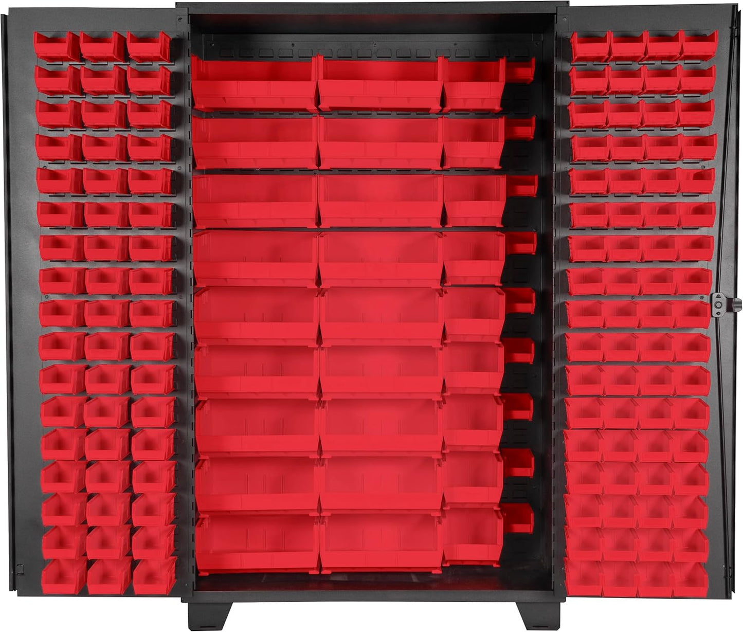Jamco Tool Storage Cabinets with Bin Mounts, Model DP, Includes 155 Bins, 48-Inch W x 24-Inch D x 78-Inch H, Red Bins