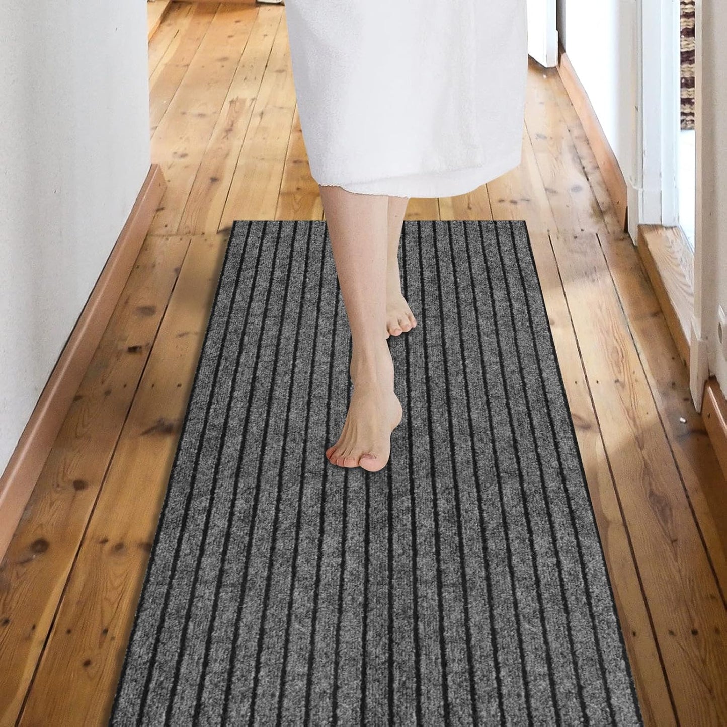 Custom Size Backed Non-Slip Area Rugs Runner, Easy Clean, Waterproof Runner Rugs for Hallway Entryway, Kitchen, Laundry, 3FT x 27FT, Gray Stripe