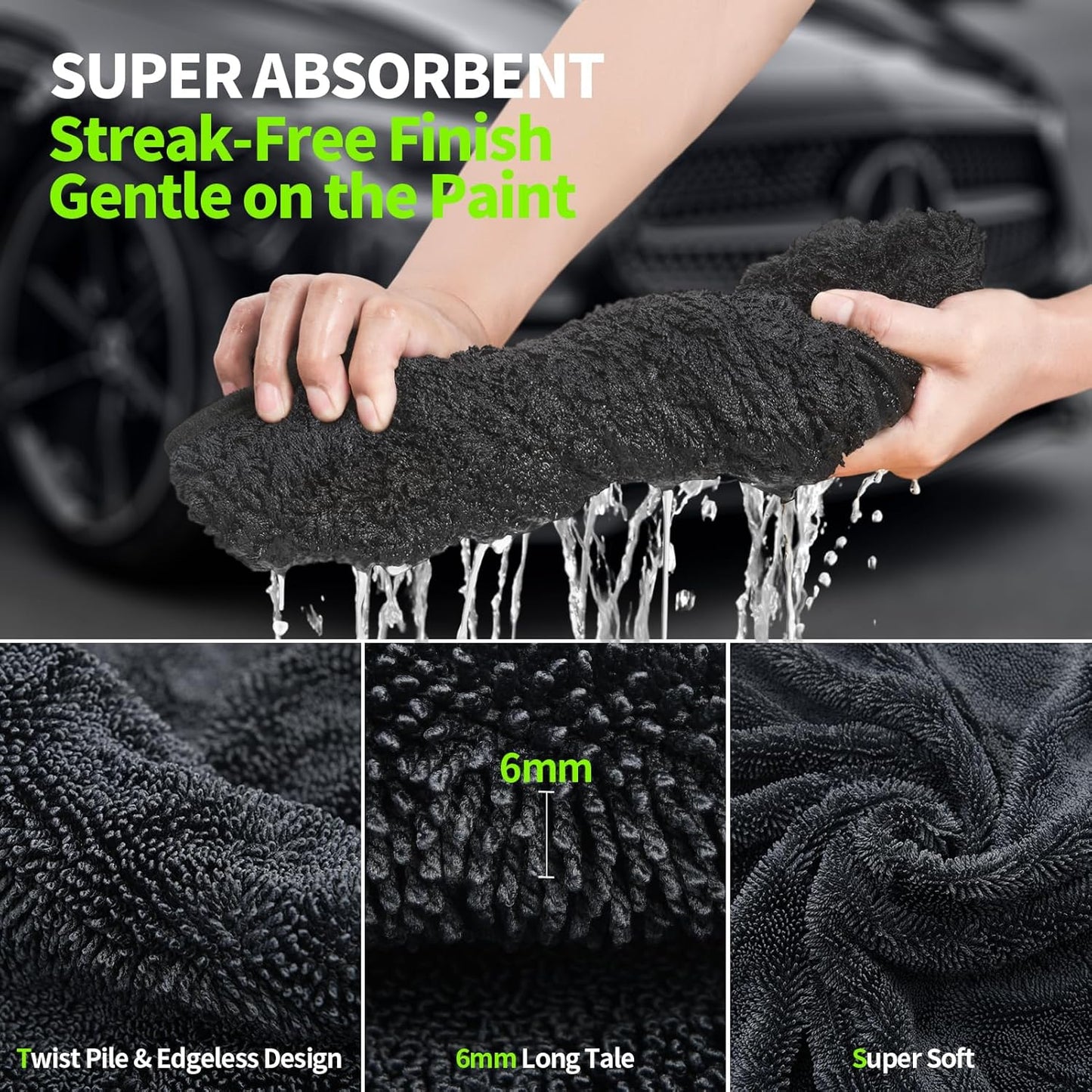 3-Pack Car Drying Towel, Ultra Absorbent Microfiber Towels for Cars (36" x 24"), Drying Towels Car Detailing, Streak Free, No Water Spots, Scratch-Free, with Storage Bag