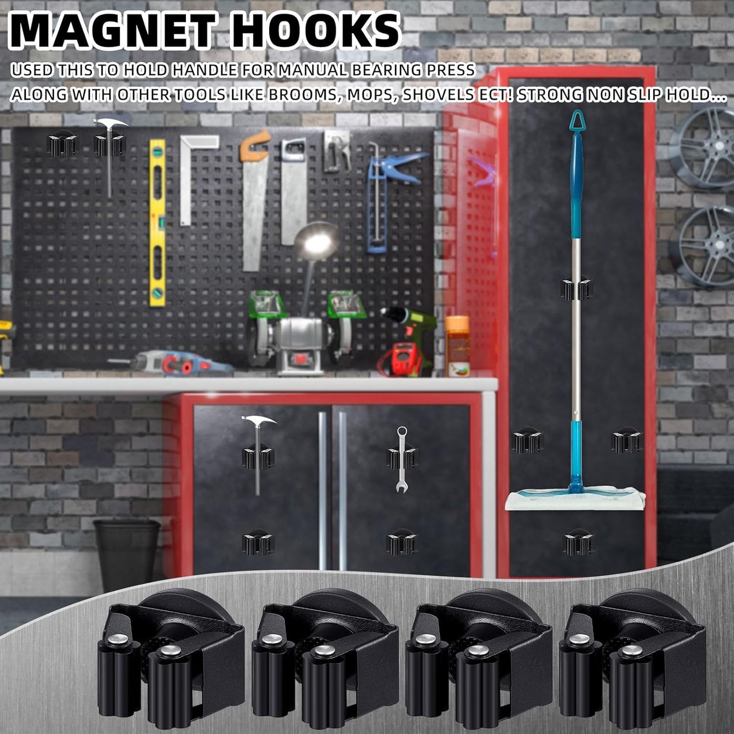 20 Pcs Magnetic Mop Broom Holder Movable Magnetic Broom Holder Rack, Anti Slip Wall Mounted Utility for Cleaning Tools, Garage, Kitchen, Laundry, Garden (Black)