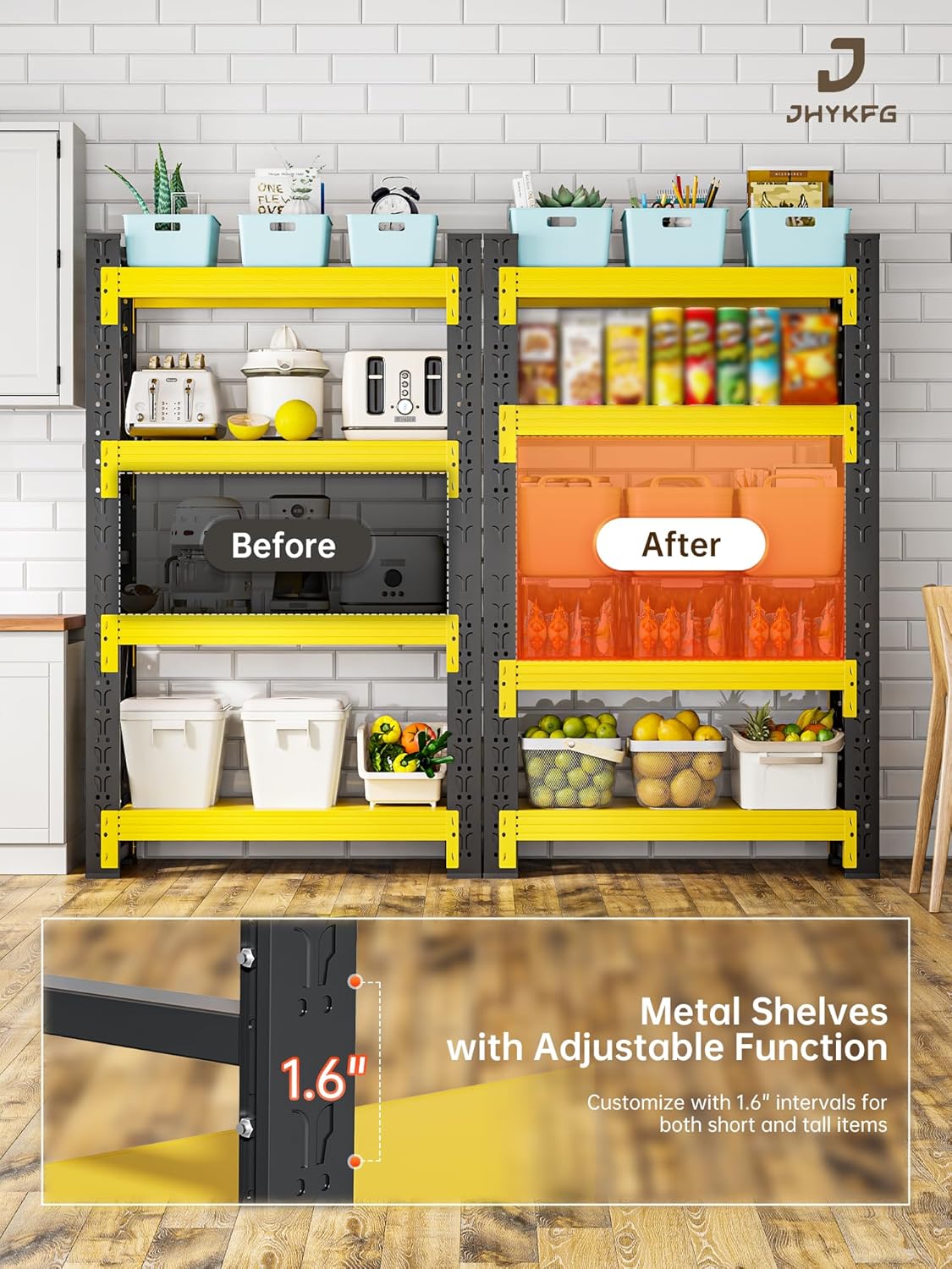 4-Tier Storage Shelves,79" H Heavy-Duty Garage Shelving Unit,Adjustable Industrial Metal Shelf System,4,000lbs Capacity,Tool Organizer for Garage,Workshop,48" W*20" D*79" H,Black&Yellow