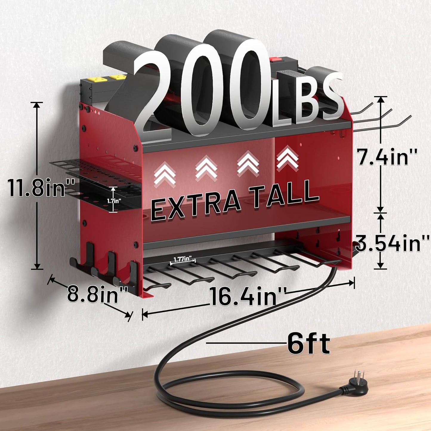 Power Tool Organizer Wall Mount wtih Charging Station,4 Drill Holder Wall Mount with 8 Outlet Power Strip,3 Layers Heavy Duty Tool Rack with Hooks,Screwdriver Organizer in Workbench,Garage