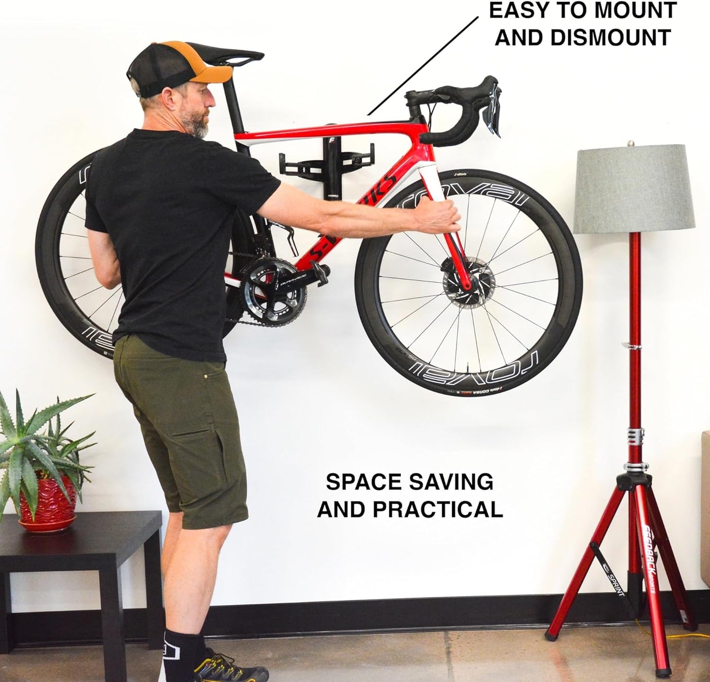 FEEDBACK SPORTS | Velo Wall Rack 2D Bike Storage | Bicycle Hangar Mount W/Adjustable Arms | Road, Gravel, Mountain Bike Compatible | For Garage, Apartment, Shed | Black