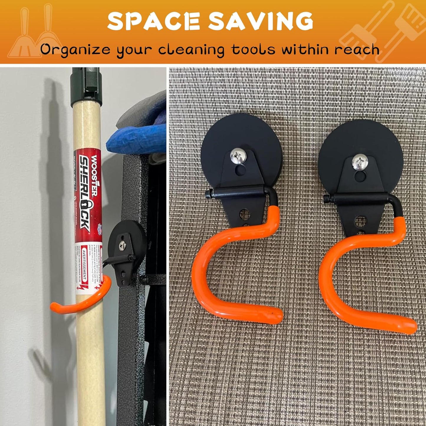 ULIBERMAGNET Magnetic Mop Broom Holder,Heavy Duty Movable Magnetic Tools Holder,Anti-Slip Strong Metal Hooks Mop Shovel Hanger for Garage, Kitchen, Laundry, Garden(2 Pack/Orange)