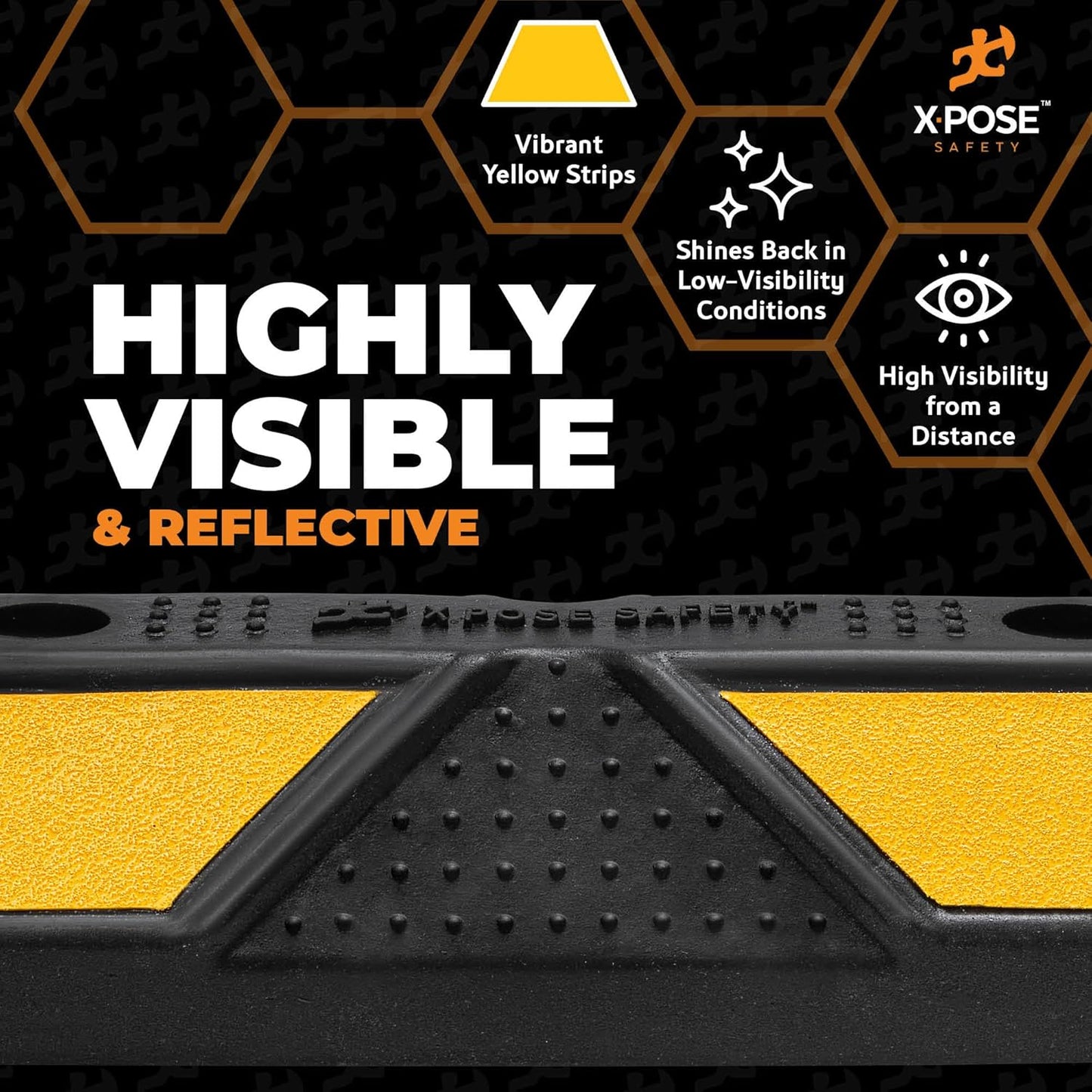 Xpose Safety 22" Heavy Duty Rubber Parking Stopper – 2 Pack Wheel Blocks for Garage, Driveway, or Ramp – Car Bumper Stop with Yellow Reflective Strips – Removable Floor Mount