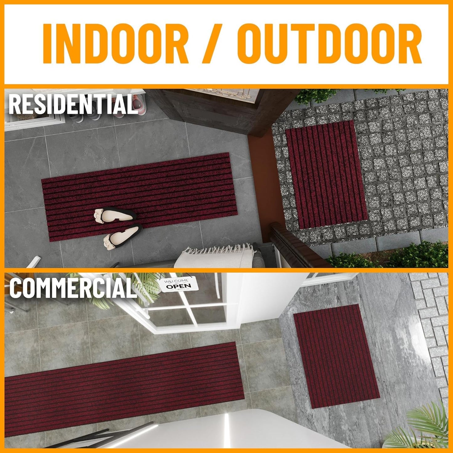 Ottomanson 2'7" x 11' Hallway Runner with Scraper Pile Extra Durable Non-Slip Rug Mat for Indoor & Outdoor Use - Ideal for Kitchen, Entryway, Patio & Garage - High-Traffic Carpet, Red