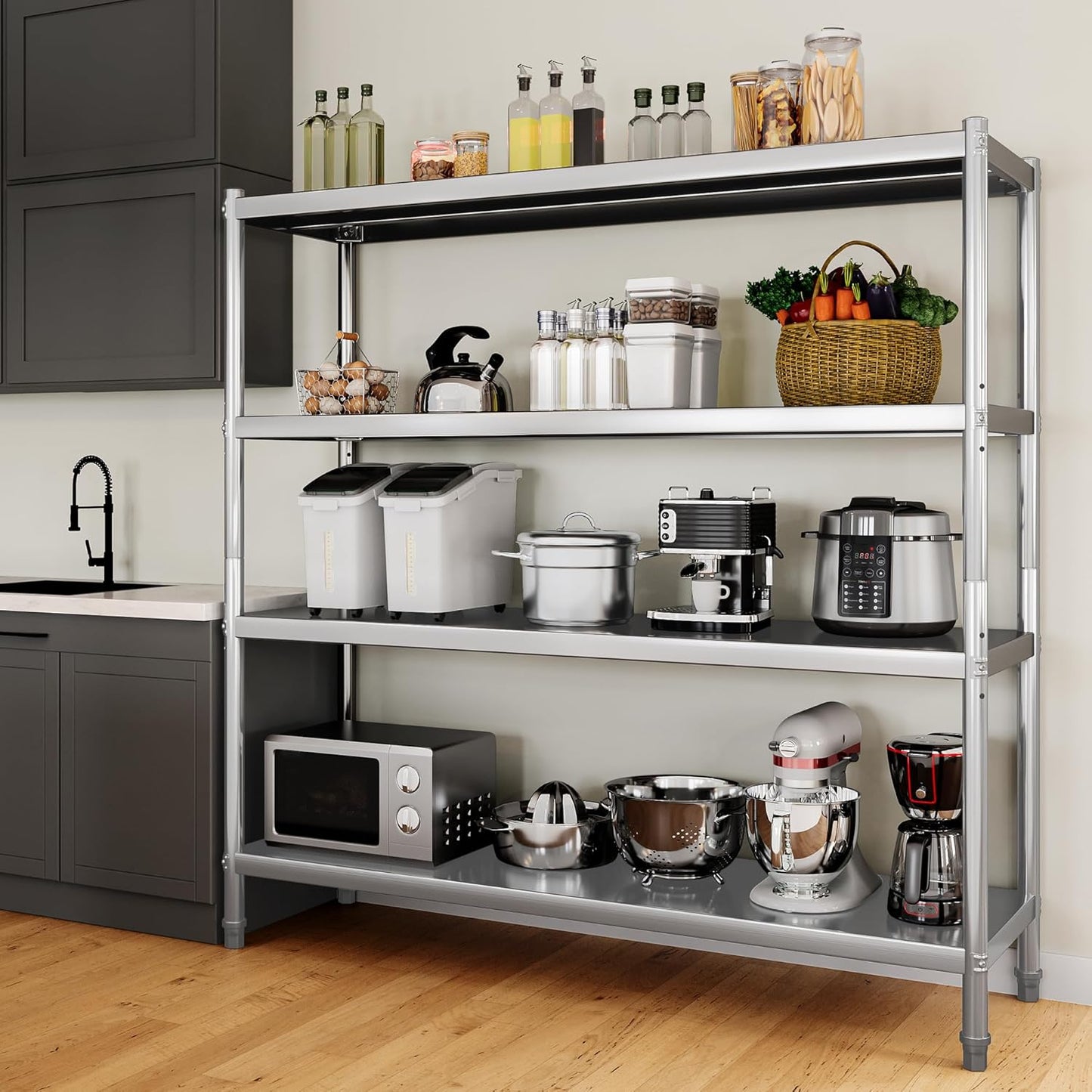 YITAHOME NSF Stainless Steel Shelves, 60"*18"*60" 4 Tier Storage Shelf, Heavy Duty Shelving for Kitchen Garage Office Restaurant Warehouse, 201 Bright Silver