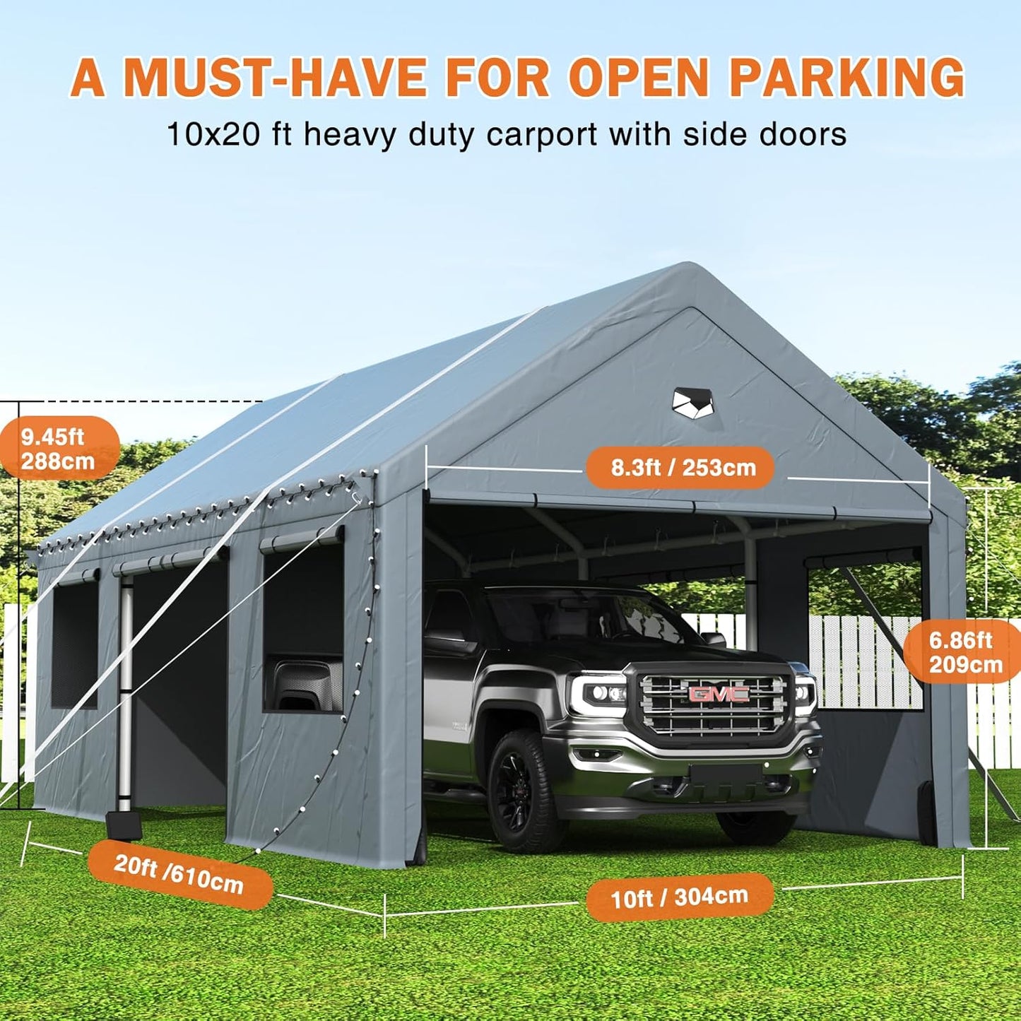 Carports 10X20 Heavy Duty，Portable Car Port Garage，Carport Canopy with Side Doors，Outdoor Car Shelter All Weather,Grey