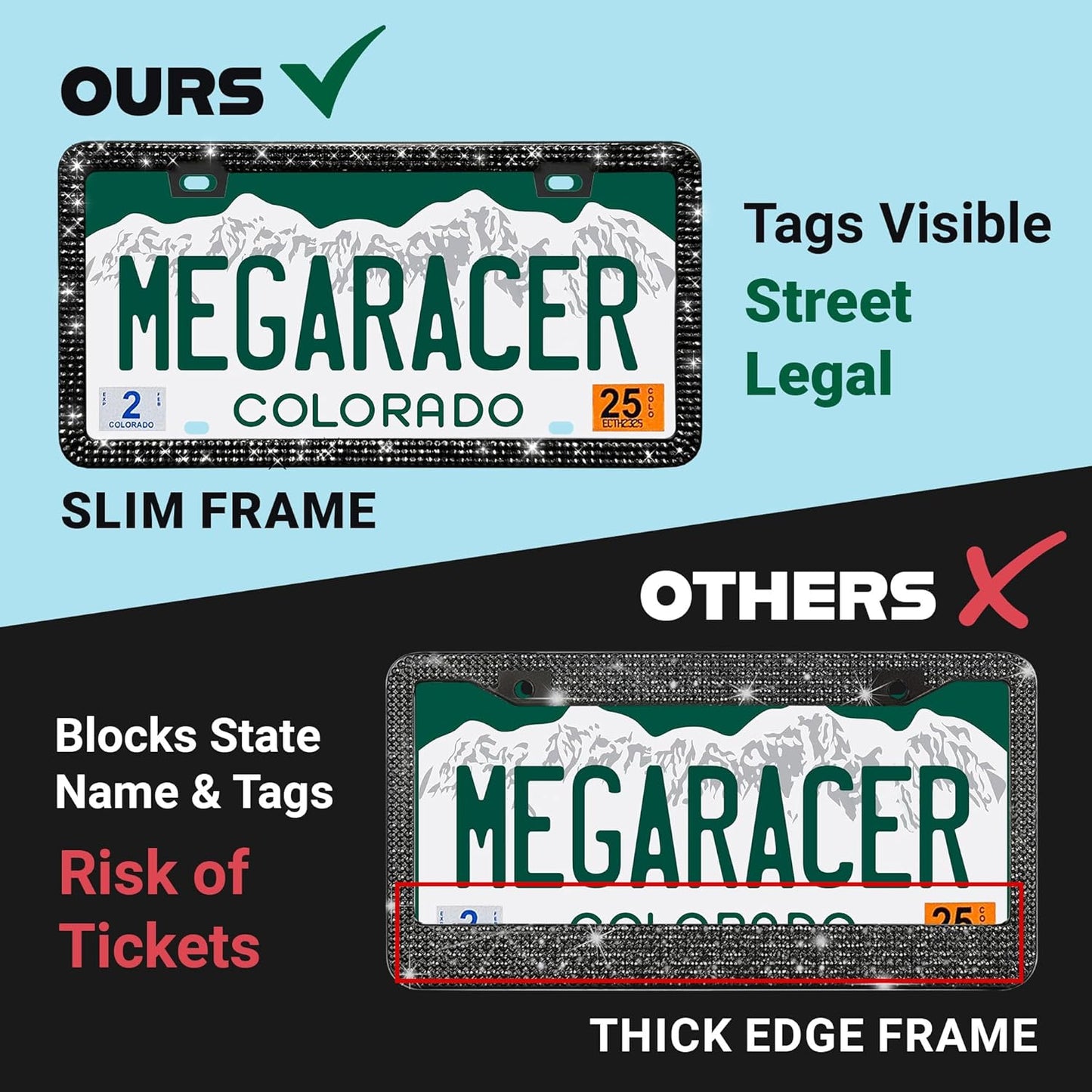 Elegant Bling License Plate Frames for Women - 2 Pack, 1600 Premium Black Rhinestones, Rust-Free Stainless Steel, Street Legal Slim Design, Sparkly Diamond Car Tag Holders with Glitter Crystal Covers