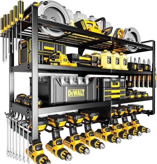 Large Power Tool Organizer Wall Mount,4 Layers Heavy Duty Metal Loads 400lbs,Power Tool Shelf Battery Storage with 8 Cordless Drill Holder,Utility Racks for Garage Workshop