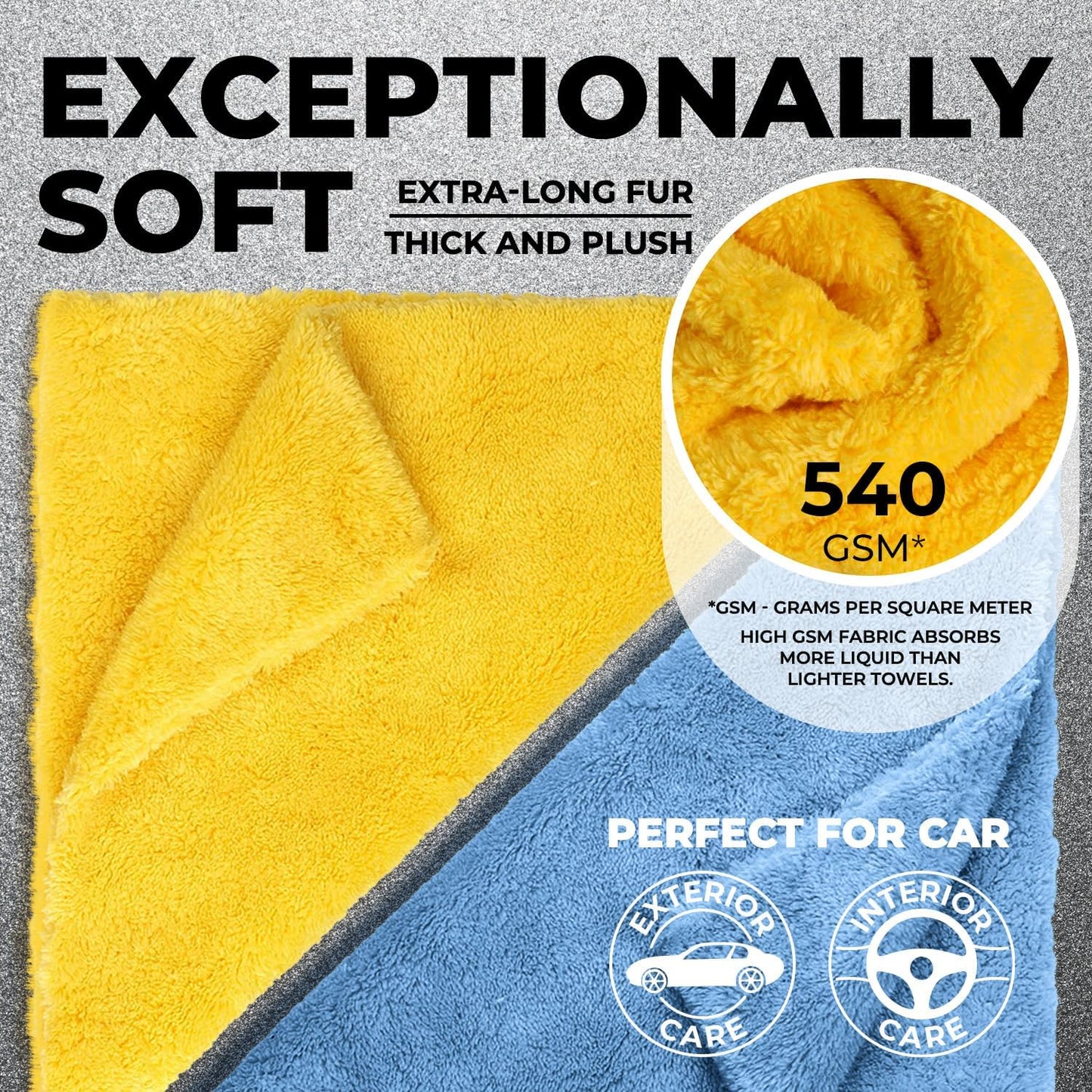Edgeless Microfiber Towels for Cars – 6pk (12”x12”) - 540 GSM - Super Soft Detailing & Buffing – Scratch-Free & Absorbent Microfiber Cleaning Cloths for Car Polishing