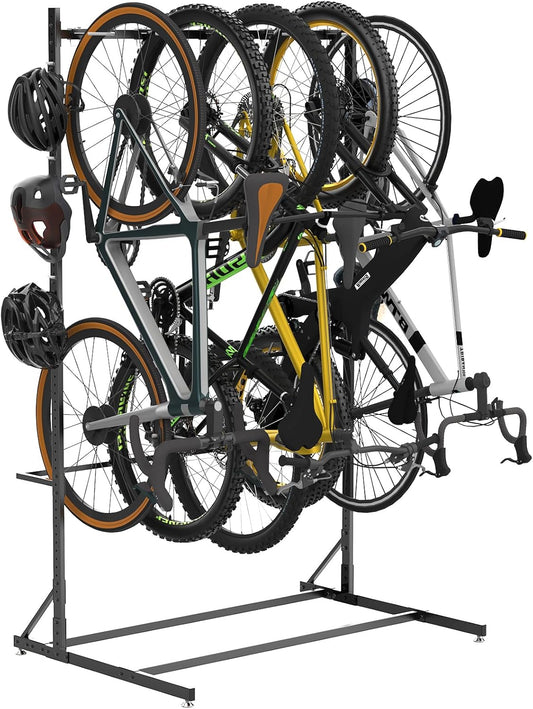 Freestanding Bike Storage Rack for 5 Bikes, 52" Wide Steel Vertical Bike Rack with 5 Bike Hooks & 6 Hooks for Helmet Storage, Bike Racks for Home and Garage, Indoor Floor Bike Stand