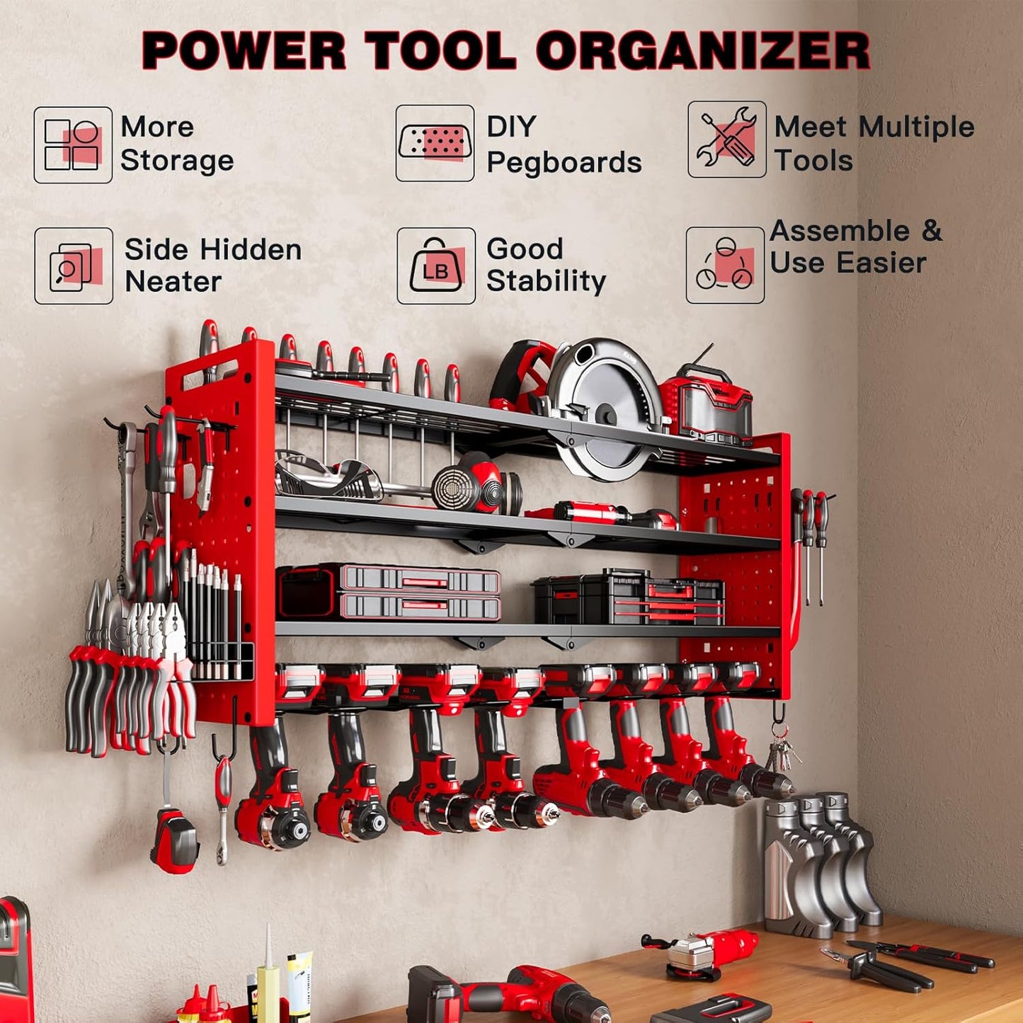 Power Tool Organizer Wall Mount,Cordless Drill Organizer,4 Layers Large Capacity Tool Rack with 8 Drill Holders (RED)