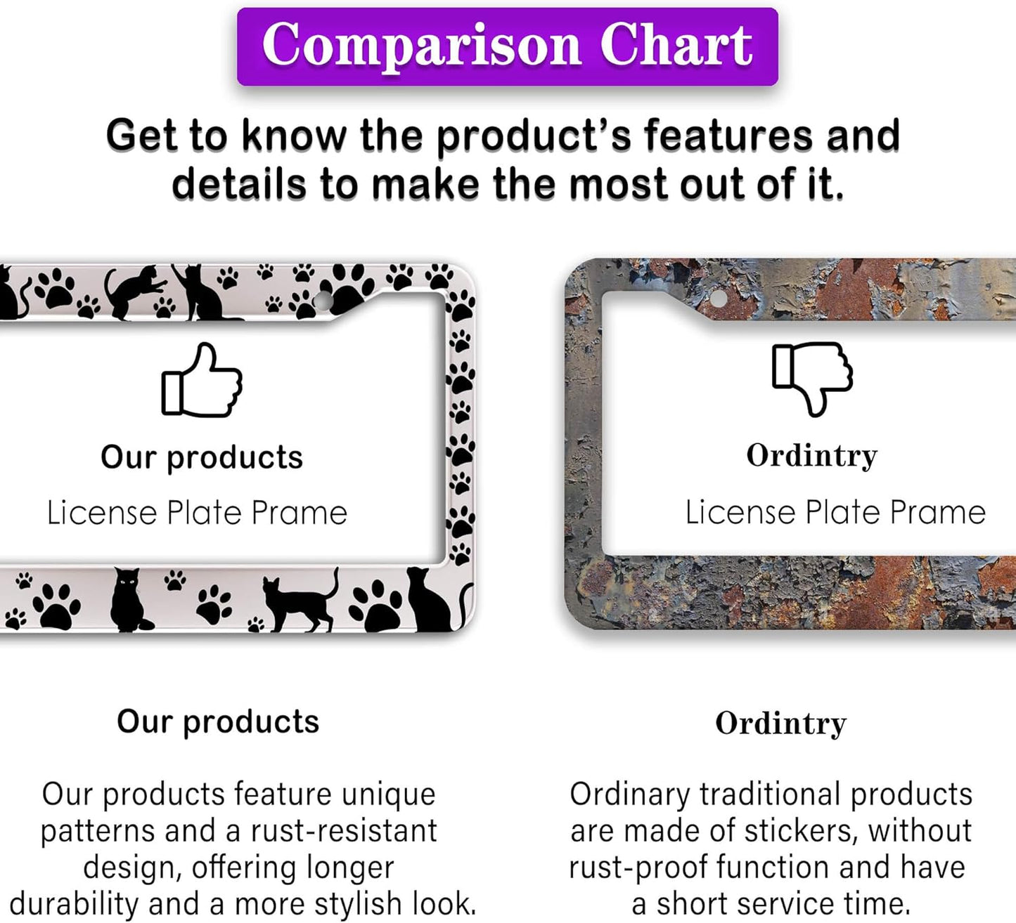 License Plate Frames Black and White License Plate Cover Kitty Cat Pawprints Aluminum Metal Car Accessory 2 Pack with Screw Covers Set