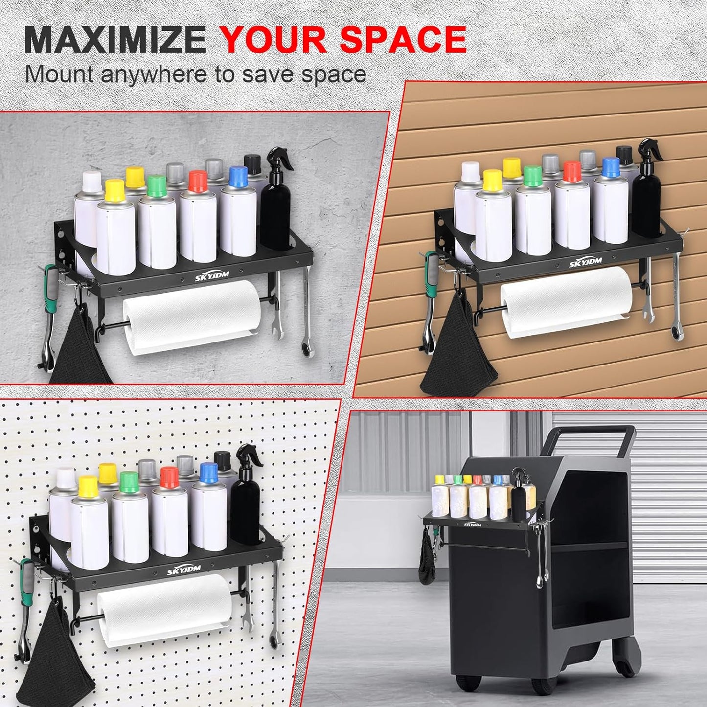10 Aerosol Spray Can Holder with Paper Towel Holder & 4 Detachable Hooks, Space-Saving Tool Organizer Wall Mount for Garage, Workspace and Tool Room