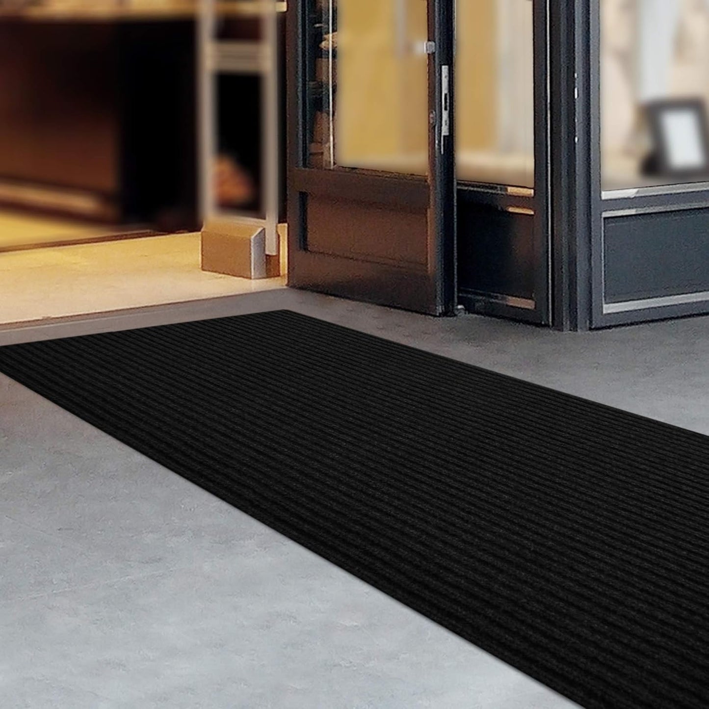 iCustomRug Spartan Weather Warrior Indoor/Outdoor Utility Ribbed Carpet Runner with Non-Slip Thermoplastic Rubber Backing, 28in X 60ft in Black